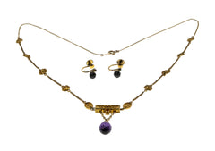 Etruscan Revival - Victorian English 9K/10K/14K Gold Natural Amethyst Briolette Necklace & Screw-Back Earrings Set (VICN060)