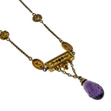 Etruscan Revival - Victorian English 9K/10K/14K Gold Natural Amethyst Briolette Necklace & Screw-Back Earrings Set (VICN060)