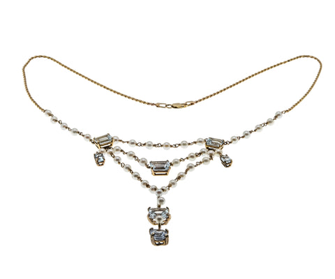 Sea Breeze - Vintage Edwardian Revival  Italian 14K Gold Natural Aquamarine & Japanese Akoya Ocean Pearl Festoon Necklace (VN233)