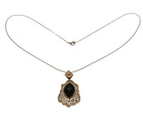 Night Of Intrigue - Edwardian 14K Gold Natural Marquise Black Onyx & Diamond Filigree Pendant & Chain (EDP031)