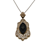 Night Of Intrigue - Edwardian 14K Gold Natural Marquise Black Onyx & Diamond Filigree Pendant & Chain (EDP031)