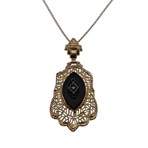 Night Of Intrigue - Edwardian 14K Gold Natural Marquise Black Onyx & Diamond Filigree Pendant & Chain (EDP031)