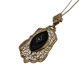 Night Of Intrigue - Edwardian 14K Gold Natural Marquise Black Onyx & Diamond Filigree Pendant & Chain (EDP031)