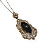 Night Of Intrigue - Edwardian 14K Gold Natural Marquise Black Onyx & Diamond Filigree Pendant & Chain (EDP031)