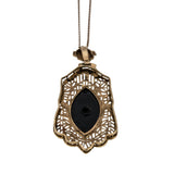 Night Of Intrigue - Edwardian 14K Gold Natural Marquise Black Onyx & Diamond Filigree Pendant & Chain (EDP031)