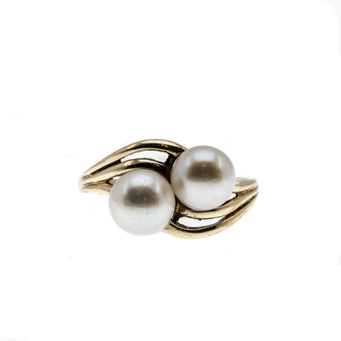 Toi Et Moi - Vintage 10K Gold Cultured Pearl Bypass Ring (VR813)