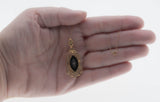 Night Of Intrigue - Edwardian 14K Gold Natural Marquise Black Onyx & Diamond Filigree Pendant & Chain (EDP031)