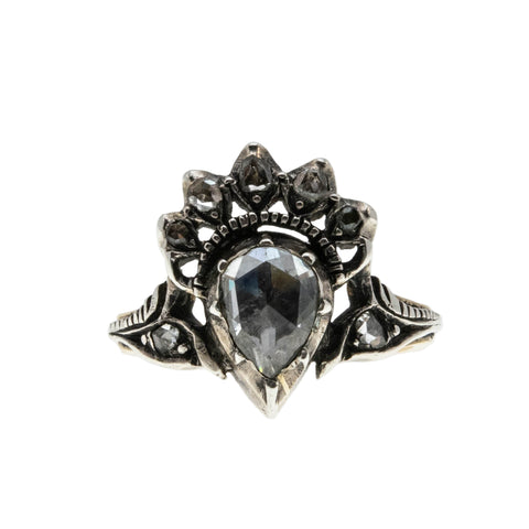 Crowned Heart -  Georgian 18th/19th  Century 14K Gold Silver Natural Rose-Cut Diamond Ring (GR036)