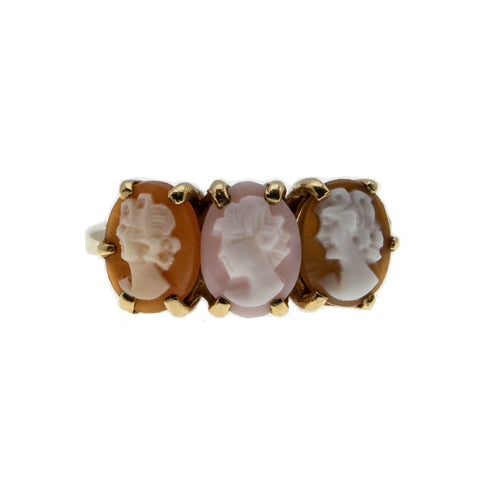 Portrait Trio - Vintage 14K Gold Carved Conch Shell Cameo Ring (VR818)