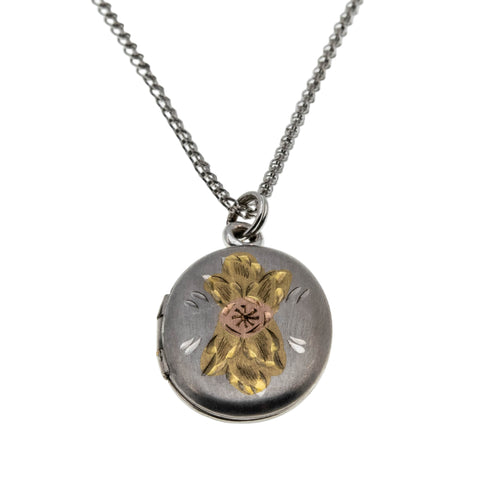 Flowers & Sentiment - Vintage Sterling Silver,  Rose & Yellow Gold Engraved Floral Locket & Chain (VP259)