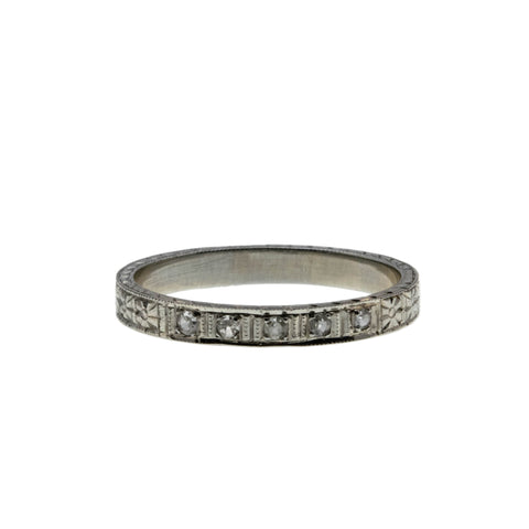 On This Day In 1925 - Art Deco 18K White Gold Natural Diamond Engraved Wedding Band Ring (ADR291)