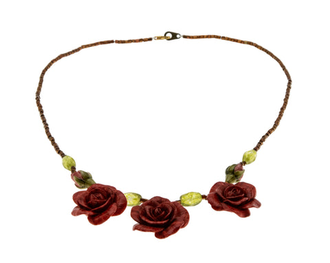 Roses For You - Vintage Porcelain & Glass Beaded Rose Necklace ( VN234)