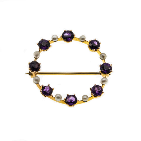 Lilac Wreath - Victorian 14K Gold Amethyst & Natural Pearl Brooch (VICBR020)