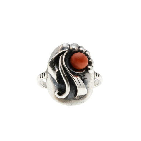 Sea & Earth - Art Deco 835 Silver Natural Mediterranean Coral Ring (ADR292)