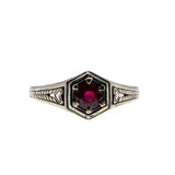Crimson & Hearts - Estate Sterling Silver Natural Ruby Filigree Engraved Ring (ER424)
