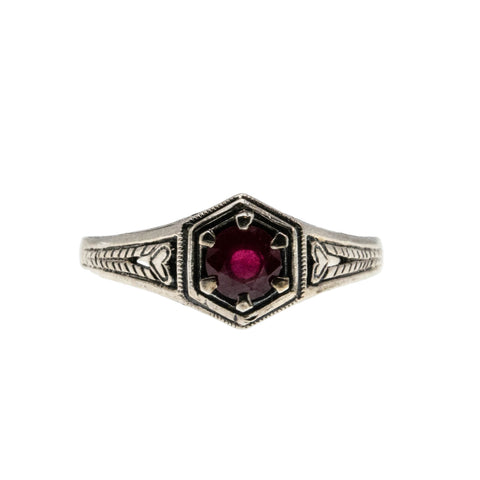 Crimson & Hearts - Estate Sterling Silver Natural Ruby Filigree Engraved Ring (ER424)