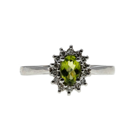 Dew Drops - Vintage 14K White Gold Natural Peridot & Diamond Cluster Ring (VR1047)
