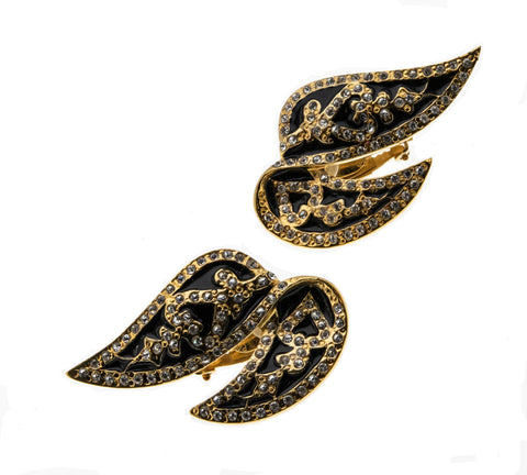 Olé - Estate Gold Plated Fifth Avenue Collection 'Butler Madrid' Austrian Swarovski Crystal Rhinestone  & Black Enamel Clip-On Earrings (EE201)