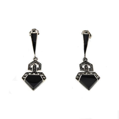 After Eight - Vintage Art Deco Revival Sterling Silver Black Onyx & Marcasite Dangly Earrings (VE367)