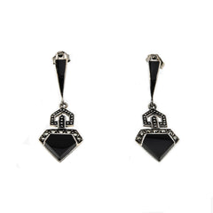 After Eight - Vintage Art Deco Revival Sterling Silver Black Onyx & Marcasite Dangly Earrings (VE367)