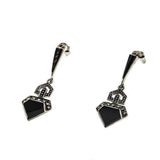 After Eight - Vintage Art Deco Revival Sterling Silver Black Onyx & Marcasite Dangly Earrings (VE367)