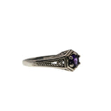 Lavender & Hearts - Estate Sterling Silver Natural Amethyst Engraved Filigree Ring (ER425)