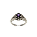 Lavender & Hearts - Estate Sterling Silver Natural Amethyst Engraved Filigree Ring (ER425)