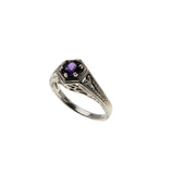 Lavender & Hearts - Estate Sterling Silver Natural Amethyst Engraved Filigree Ring (ER425)