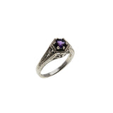 Lavender & Hearts - Estate Sterling Silver Natural Amethyst Engraved Filigree Ring (ER425)