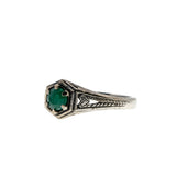 May Birthstone & Hearts - Estate Sterling Silver Natural Emerald Engraved Filigree Ring (ER426)