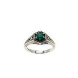 May Birthstone & Hearts - Estate Sterling Silver Natural Emerald Engraved Filigree Ring (ER426)