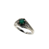 May Birthstone & Hearts - Estate Sterling Silver Natural Emerald Engraved Filigree Ring (ER426)