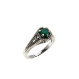May Birthstone & Hearts - Estate Sterling Silver Natural Emerald Engraved Filigree Ring (ER426)