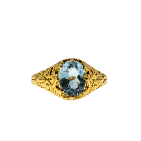 Rich & Ethereal - Estate 24K Gold Over Sterling Silver Natural Sky Blue Topaz Engraved Ring (ER431)