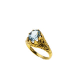 Rich & Ethereal - Estate 24K Gold Over Sterling Silver Natural Sky Blue Topaz Engraved Ring (ER431)