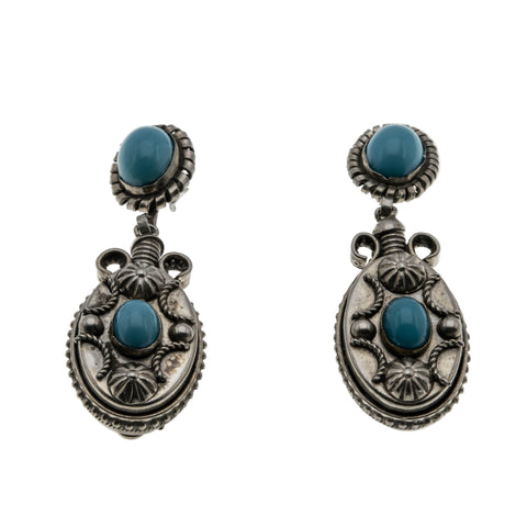 From Times Past - Victorian 900 Silver Robins Egg Blue Turquoise Paste Hand-Made Decorative Dangly Earrings (VICE055)