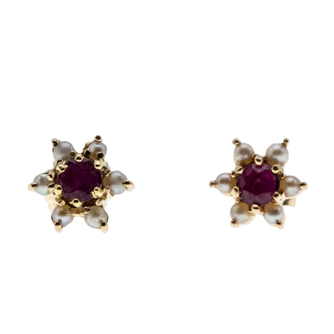 Petite Point - Vintage 14K Gold Natural Ruby & Seed Pearl 'Star' Flower Stud Earrings (VE489)