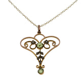 The Grass Is Greener - Edwardian English 9K Gold Natural Peridot & Seed Pearl Lavalier Pendant & 14K Gold Fill  Chain (EDP032)