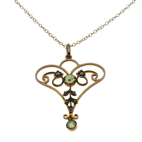 The Grass Is Greener - Edwardian English 9K Gold Natural Peridot & Seed Pearl Lavalier Pendant & 14K Gold Fill  Chain (EDP032)