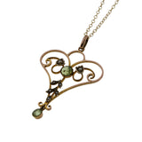 The Grass Is Greener - Edwardian English 9K Gold Natural Peridot & Seed Pearl Lavalier Pendant & 14K Gold Fill  Chain (EDP032)