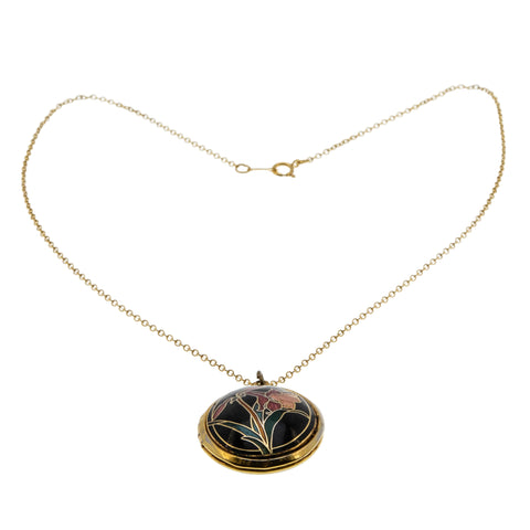 Cloisonné  Keepsake - Vintage Gold Plated Enamel Floral Locket Pendant & 14K GF Chain (VP263)