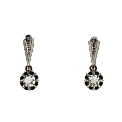 Fleurs Et Diamants - Edwardian 'French Eagle Head Hallmark' Platinum 18K Gold Rose Cut Diamond Dangly Earrings (EDE014)