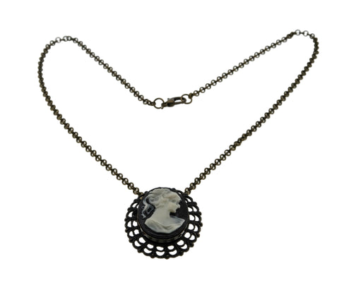 Victorian Revival - Vintage Bronze Black & White Cameo Ornate Pendant/Brooch & Chain (VP265)