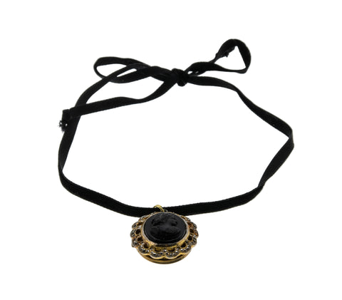 Victorian Revival Elegance - Vintage Gold Plated Black Glass Cameo, Genuine Rose Cut Marcasite Locket Pendant & Velvet Ribbon (VP266)