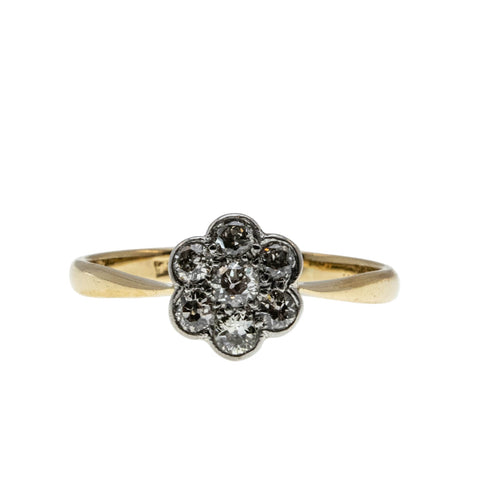 Jewelled Daisy - Edwardian English 18K Gold Platinum Natural Old European Cut Diamond Daisy Cluster Ring (EDR098)