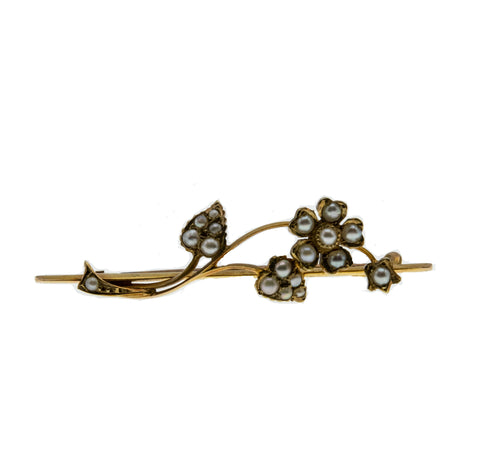 Lustrous Flower - Victorian English 15K Gold Natural Pearl Pin Brooch (VICBR021)