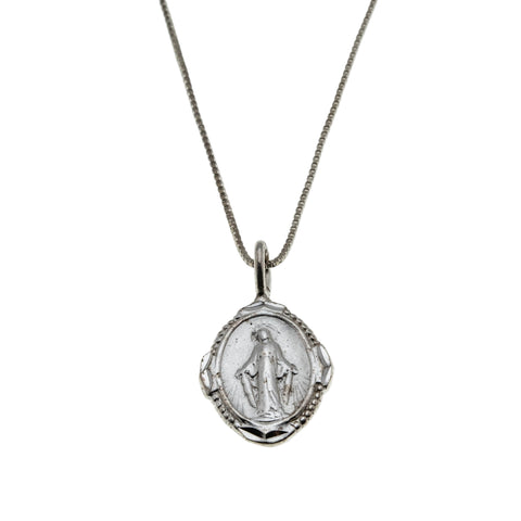 Miraculous Medal - Vintage Italian Sterling Silver Virgin Mary Religious Pendant & Chain (VP267)