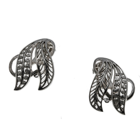 Silvery Leaves - Vintage European 835 Silver Leaf Clip-On Earrings (VE377)