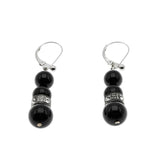 Black & White - Art Deco French Sterling Silver, Black Glass & Crystal Rhinestone Dangly Earrings (ADE039)