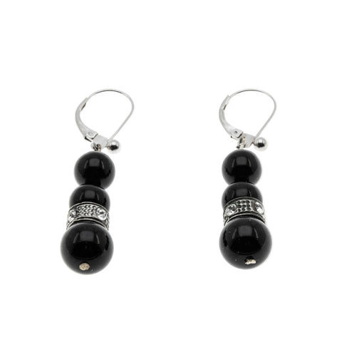 Black & White - Art Deco French Sterling Silver, Black Glass & Crystal Rhinestone Dangly Earrings (ADE039)